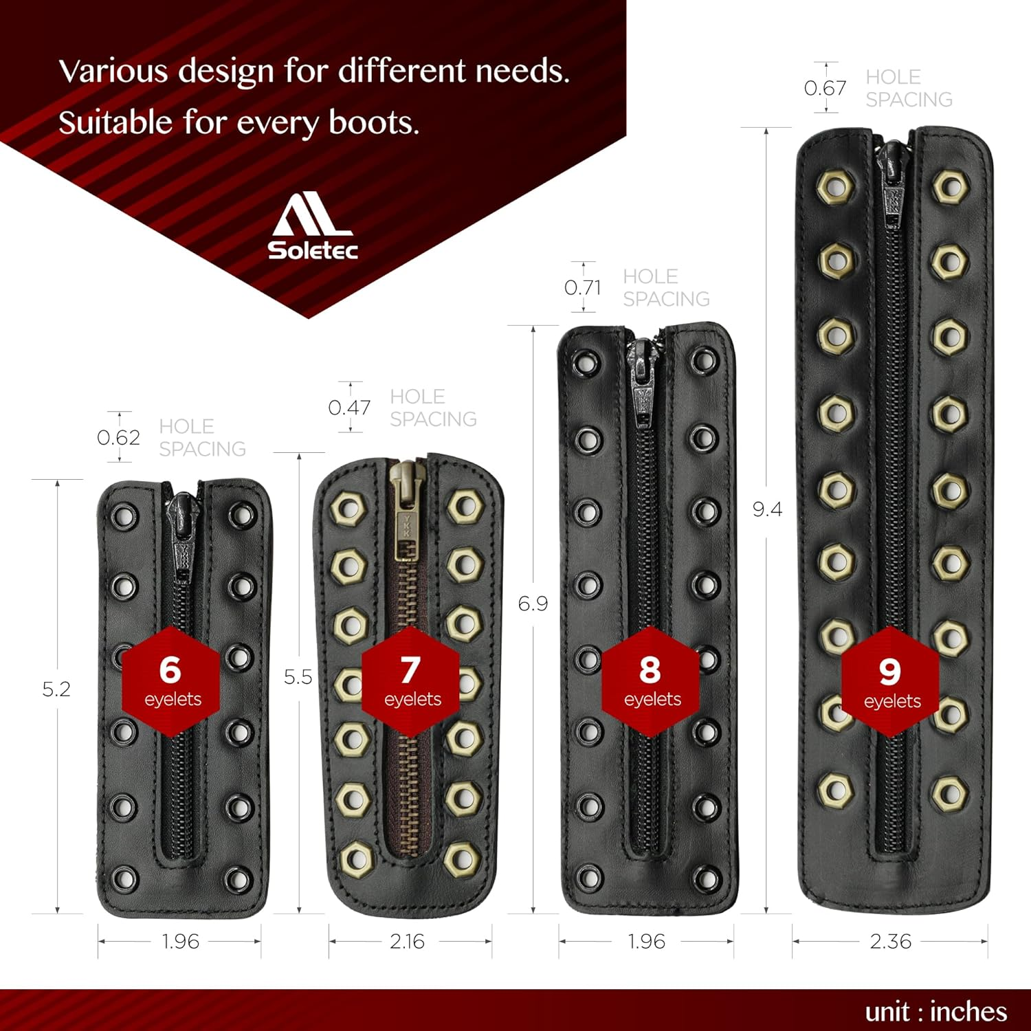 Leather Lace-In Boot Zipper 6 Eyelet Zipper Suitable for All Brands - Black, Black C-Eye image number 3