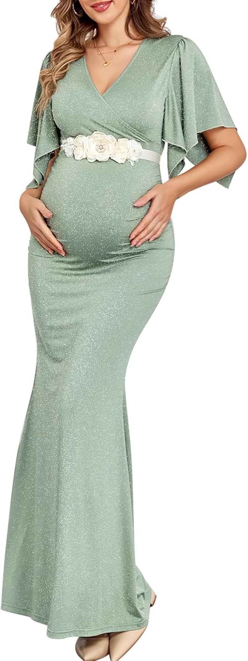 Maxi Maternity Dress with Flower Sash Semi Formal Baby Shower Wedding Guest V-Neck Handkerchief Sleeves Elegant, Sparkly Light Green, without Flower Sash, Medium image number 4