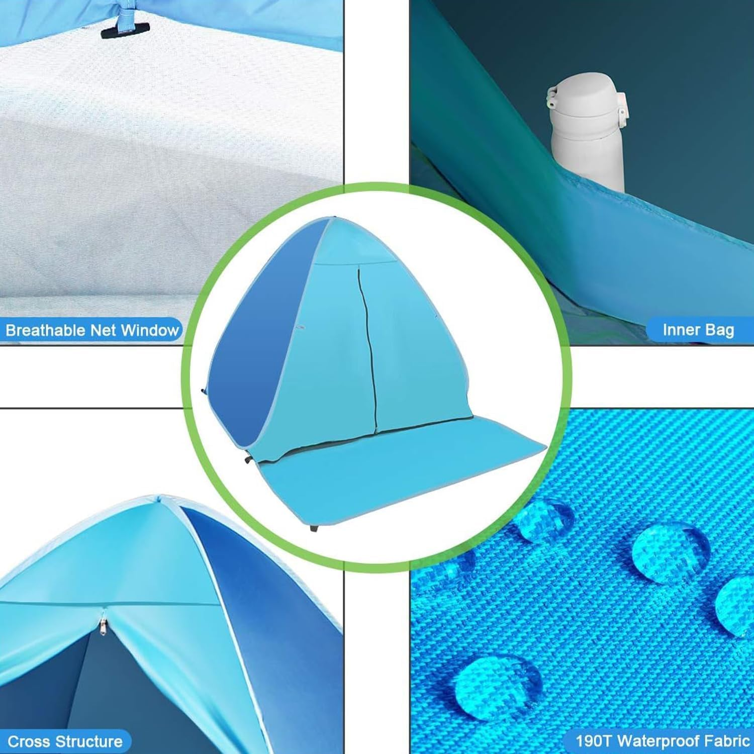 Beach Tent, Easy Pop up Beach Shade, Portable Beach Tent with Carry Bag, anti UV Instant Portable Tent Sun Shelter, UPF 50+, for 2-3 Person, for Camping Fishing Hiking Picnic Touring image number 1