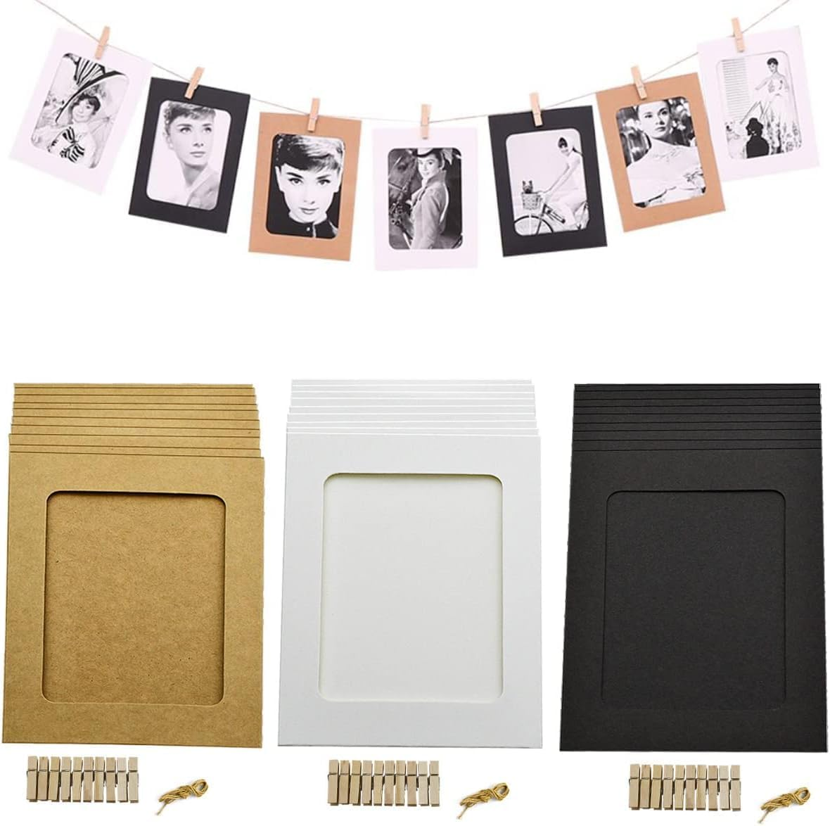 30 PCS Paper Picture Frames Holds 4 X 6 Inch Photos Cardboard Picture Frame with Wood Clips and Jute Twine for Home, Office,School Wall Decor Hanging Display (3 Colors)