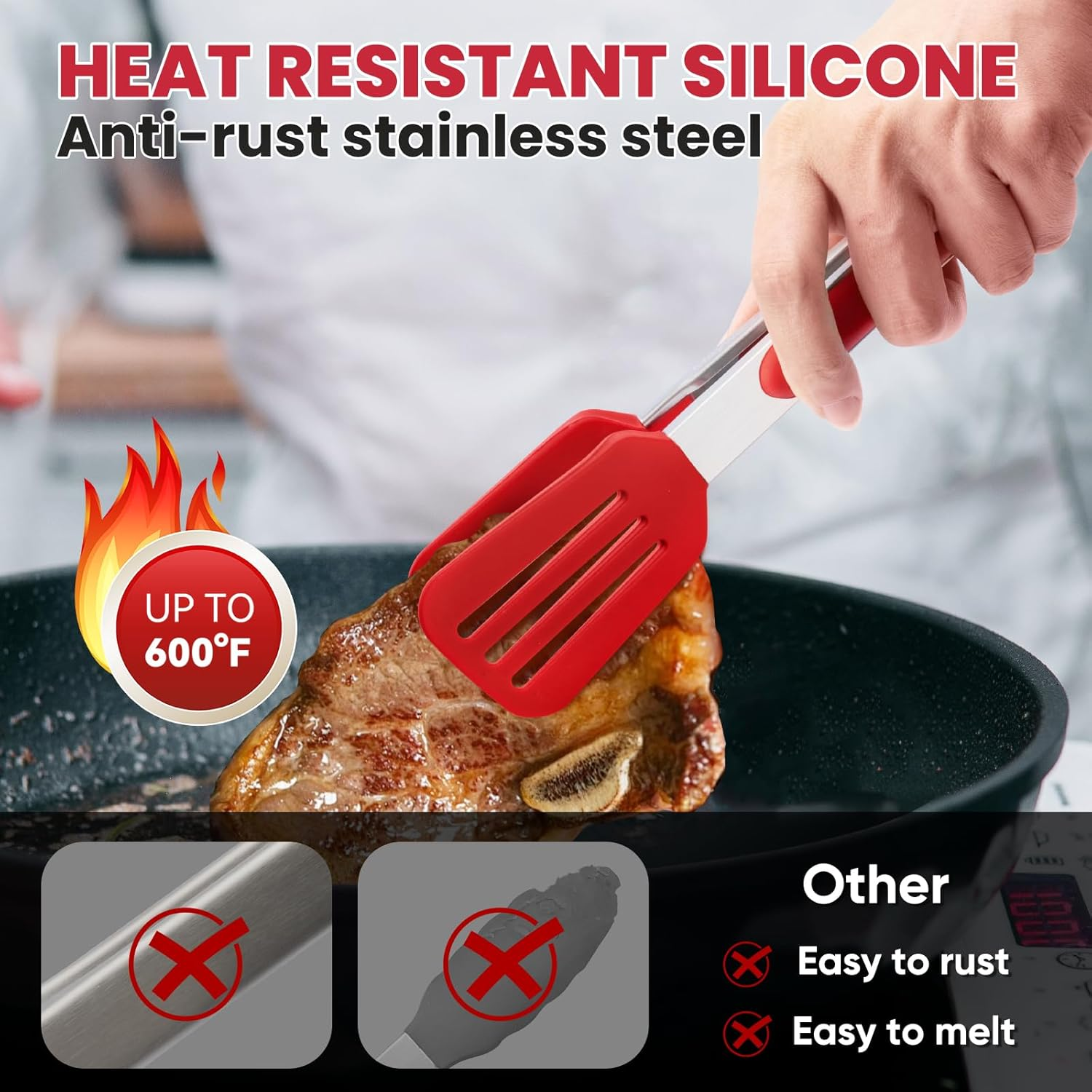 3 Pack Silicone Tongs for Cooking,Maywe Tanso 9 Inch Cooking Kitchen Tongs with Silicone Tips,Nonstick Stainless Steel Tongs for Steak Pie Pizza Pasta Spaghetti Salad BBQ Buffet image number 1