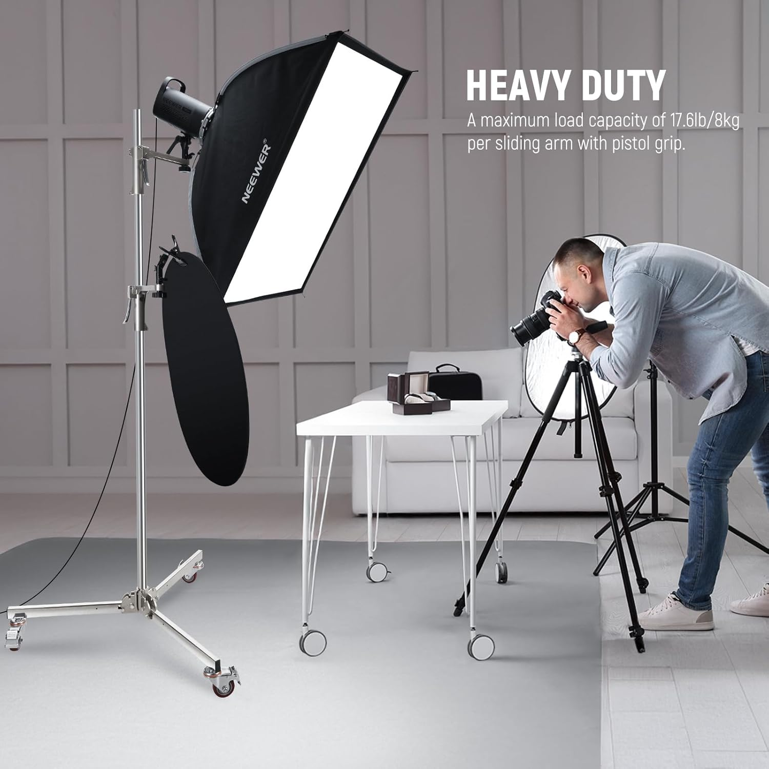NEEWER 6.5Ft/198Cm Stainless Steel Light Stand, Heavy Duty Tripod Stand with Caster Wheels, 2 Sliding Arms with Pistol Grip, Folding Leg for Photography Softbox Monolight, Max. Load 35Lb/16Kg, ST198SS image number 1