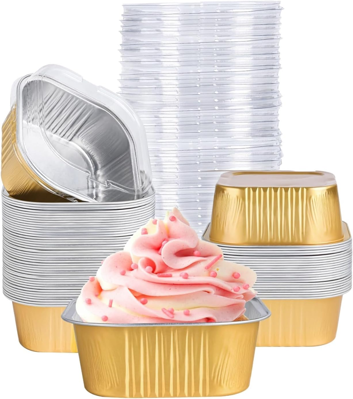 40 Pack Mini Cake Pans with Lids, 5Oz Square Aluminum Foil Brownie Baking Cups, Muffin Tin Ramekins, Disposable Dessert Cupcake Cups for Wedding Birthday Party, White