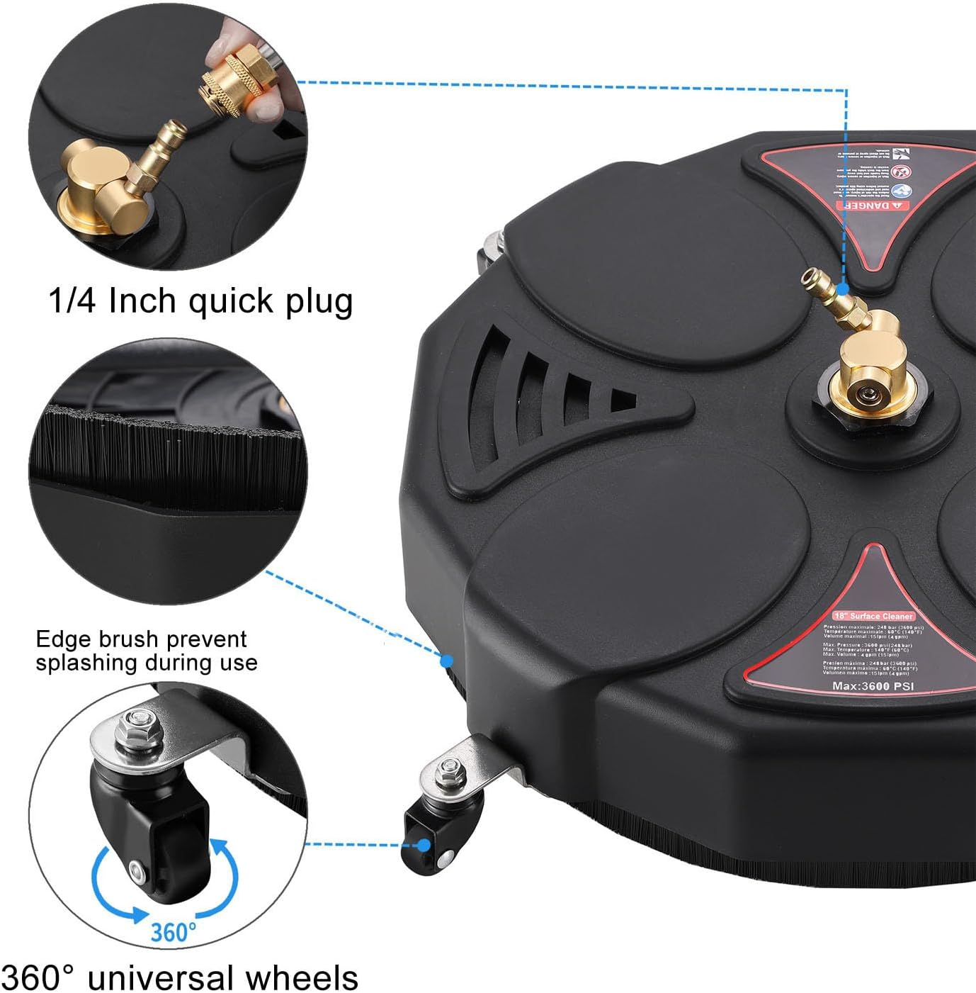 13 Inch Pressure Washer Surface Cleaner, 2500PSI Power Washer Surface Cleaner with 4 Wheels & 1/4 Inch Quick Plug, Stainless Steel Housing Pressure Washer Attachment image number 2
