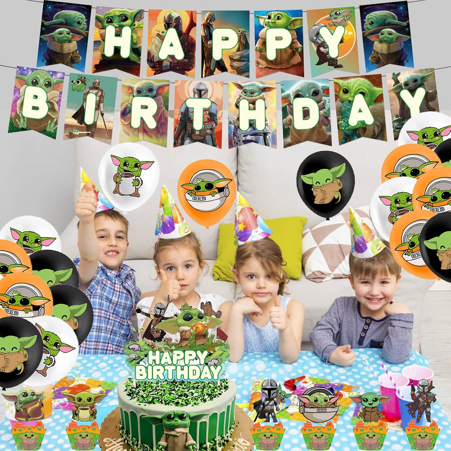 Dinoeye Baby Yoda Party Supplies Star Wars Birthday Decoration 18Pcs Balloons, 1Pcs Banner, 13Pcs Cake Toppers Green Cartoon image number 5
