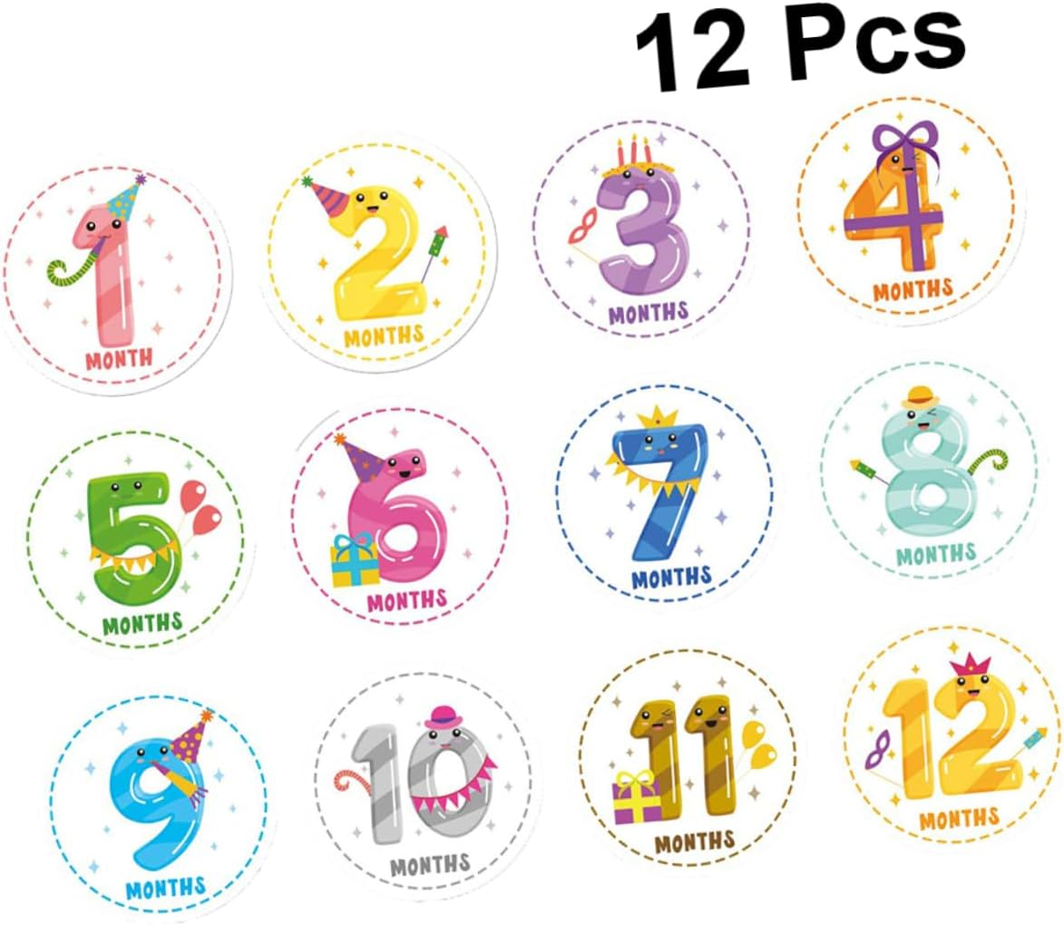 TEHAUX 12Pcs Decorative Milestone Sticker Creative Month Sticker Adorable Monthly Paste Decor for Newborn Boy Girl Belly