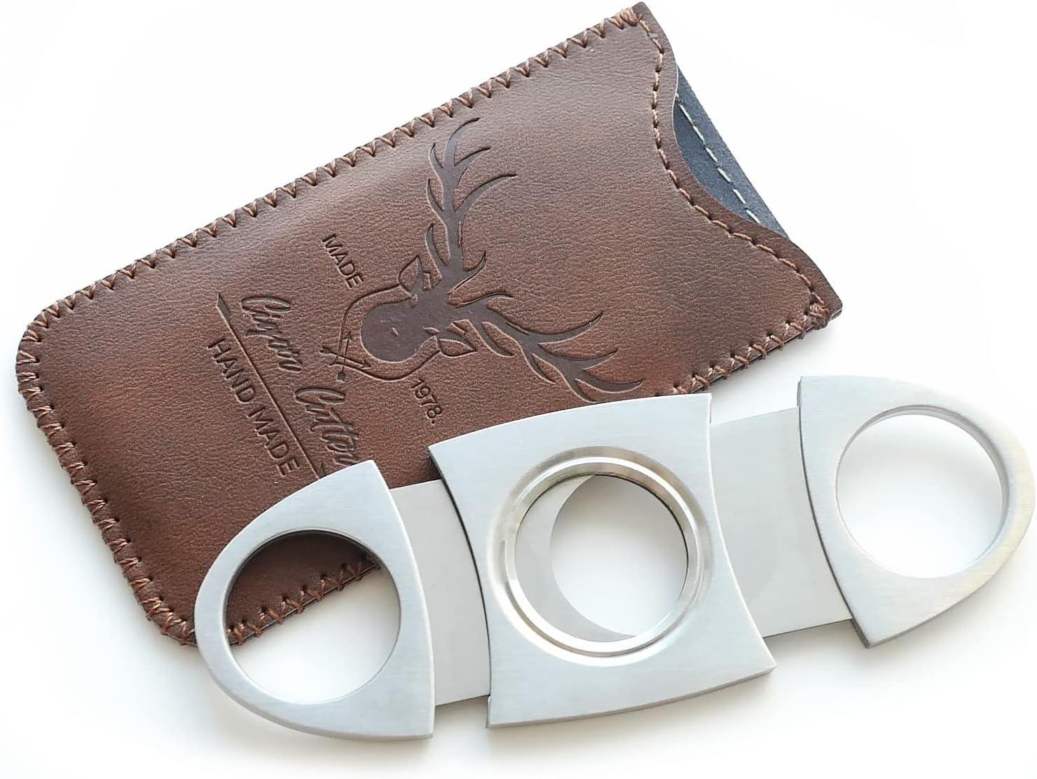 Stainless Steel Cigar Cutter with Leather Case,Double Blade for a Precise Perfect Cut(Brown Deer) image number 2