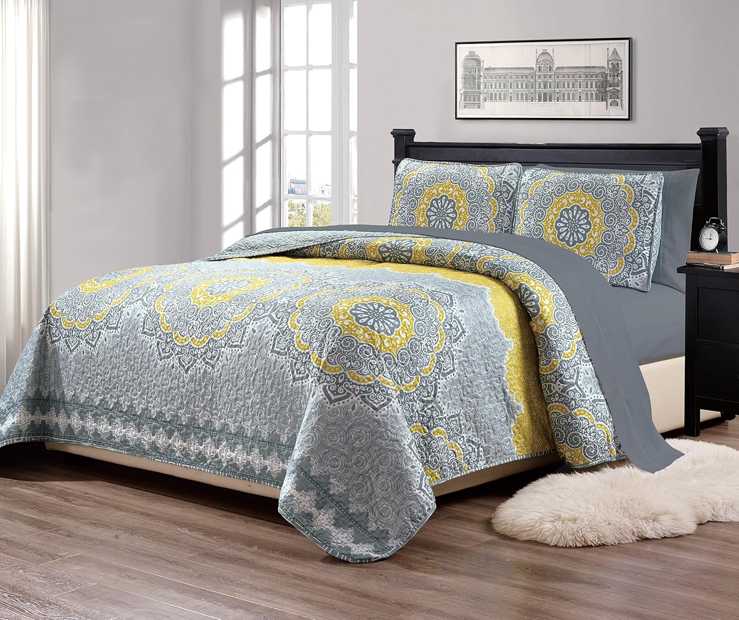 Linen plus Quilted Bedspread Floral Yellow Coastal Plain/Gray Green New, 7Pc Queen