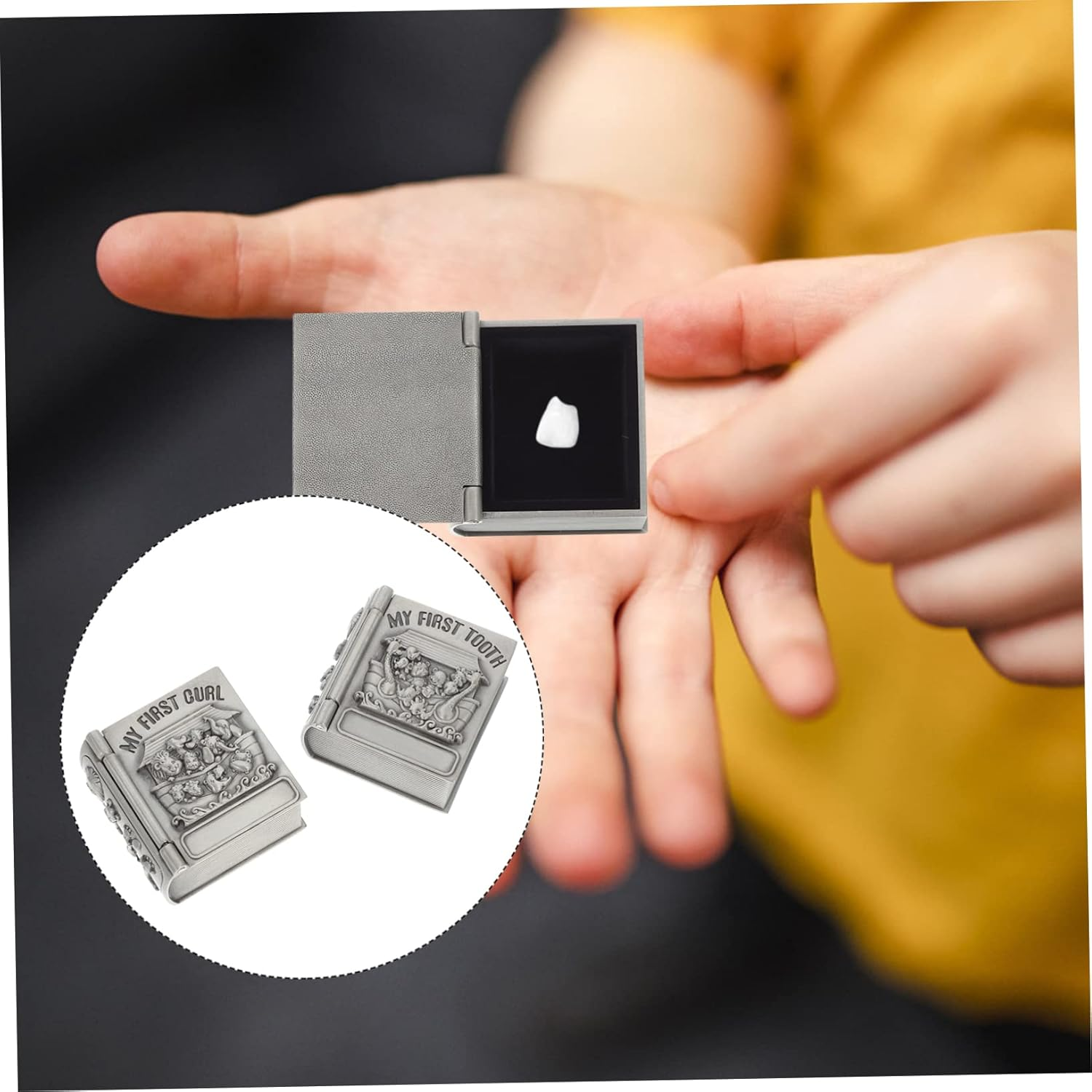 Baby First Tooth and Curl Storage Box for Kids, Metal Keepsake Organizer Vintage Silver Design, 2 Pcs Set for Preserving Baby Teeth and Hair image number 5