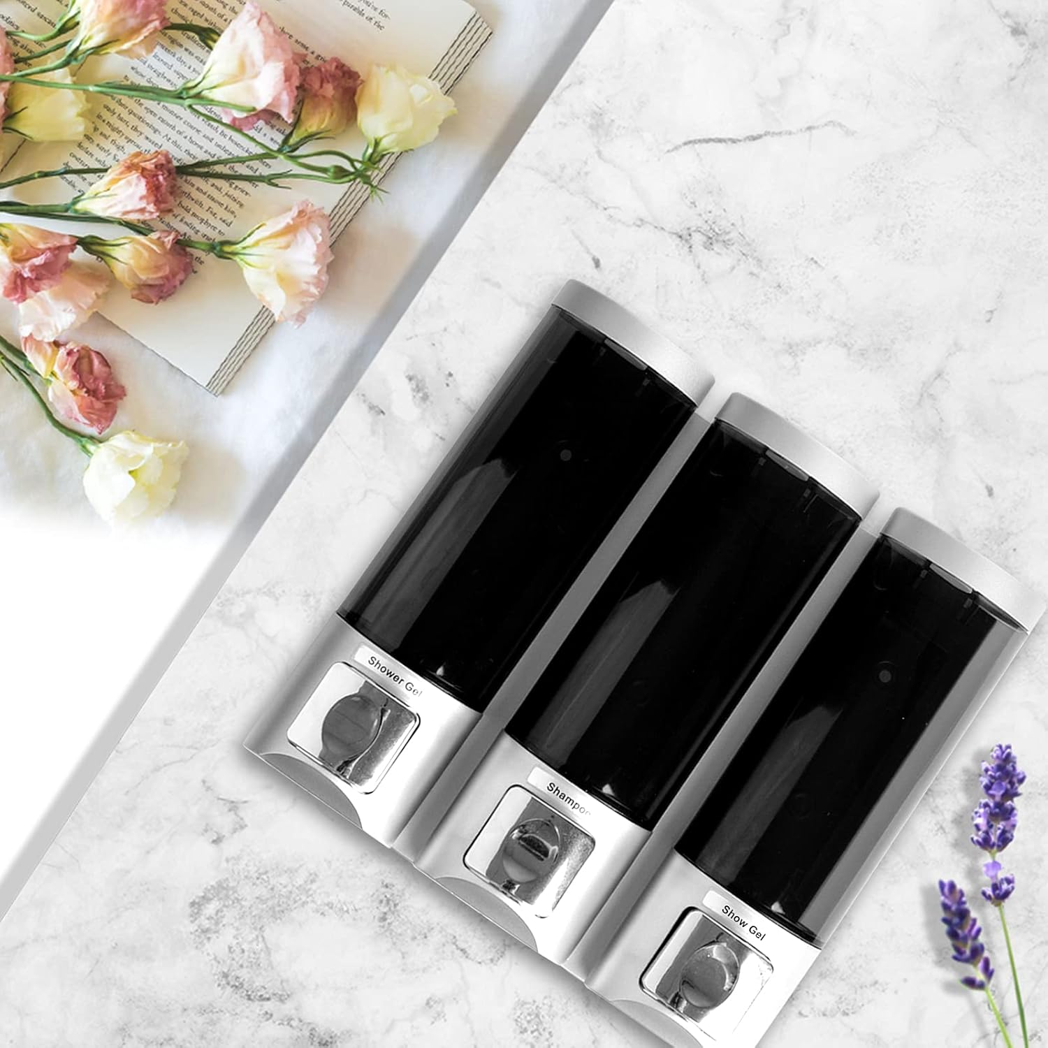 ILIKEPOW Shampoo & Conditioner Dispenser - Wall Mount 3 Chamber 250ML Soap Dispenser for Bathroom, Home & Kitchen (Silver) - Silver,Transparent image number 3