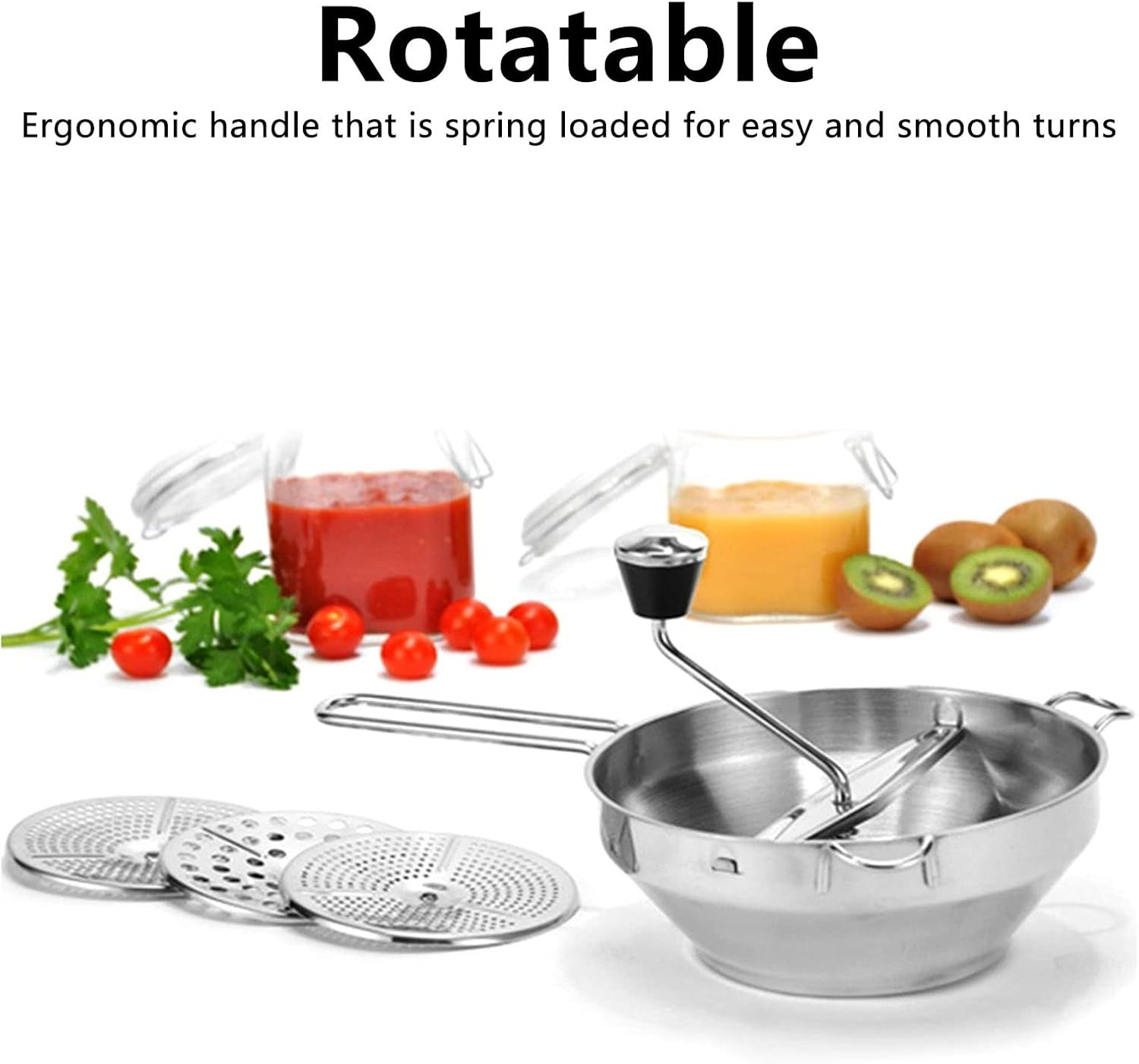 Stainless Steel Food Masher, Easy Cleanup 2 Quart Manual Baby Food Mill for Making Puree and Soups with 3 Interchangeable Discs for Straining Fruits and Vegetables image number 6