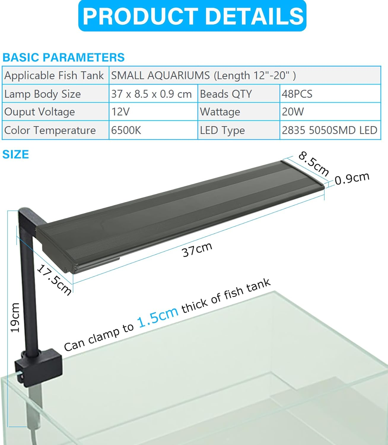 Zingbabu Aquarium Light, 30-50CM 20W Full Spectrum LED Clip on Fish Tank Light, 270&deg; Rotation Fish Lamp, Exclusive for 2-15 Gallon Fish Tanks, Freshwater Aquarium Lights for Plants image number 2