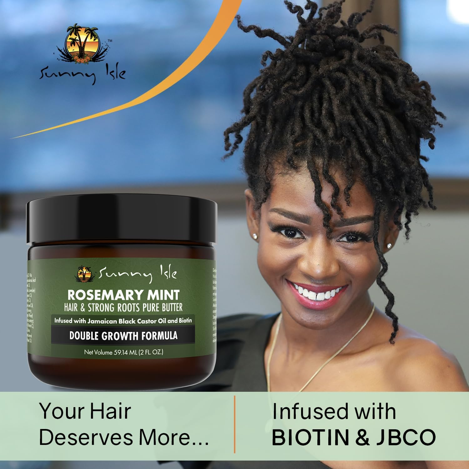 Sunny Isle Rosemary Mint Hair and Strong Roots Butter 2Oz, Infused with Biotin & Jamaican Black Castor Oil, Dry Scalp, Split Ends & All Hair Types
