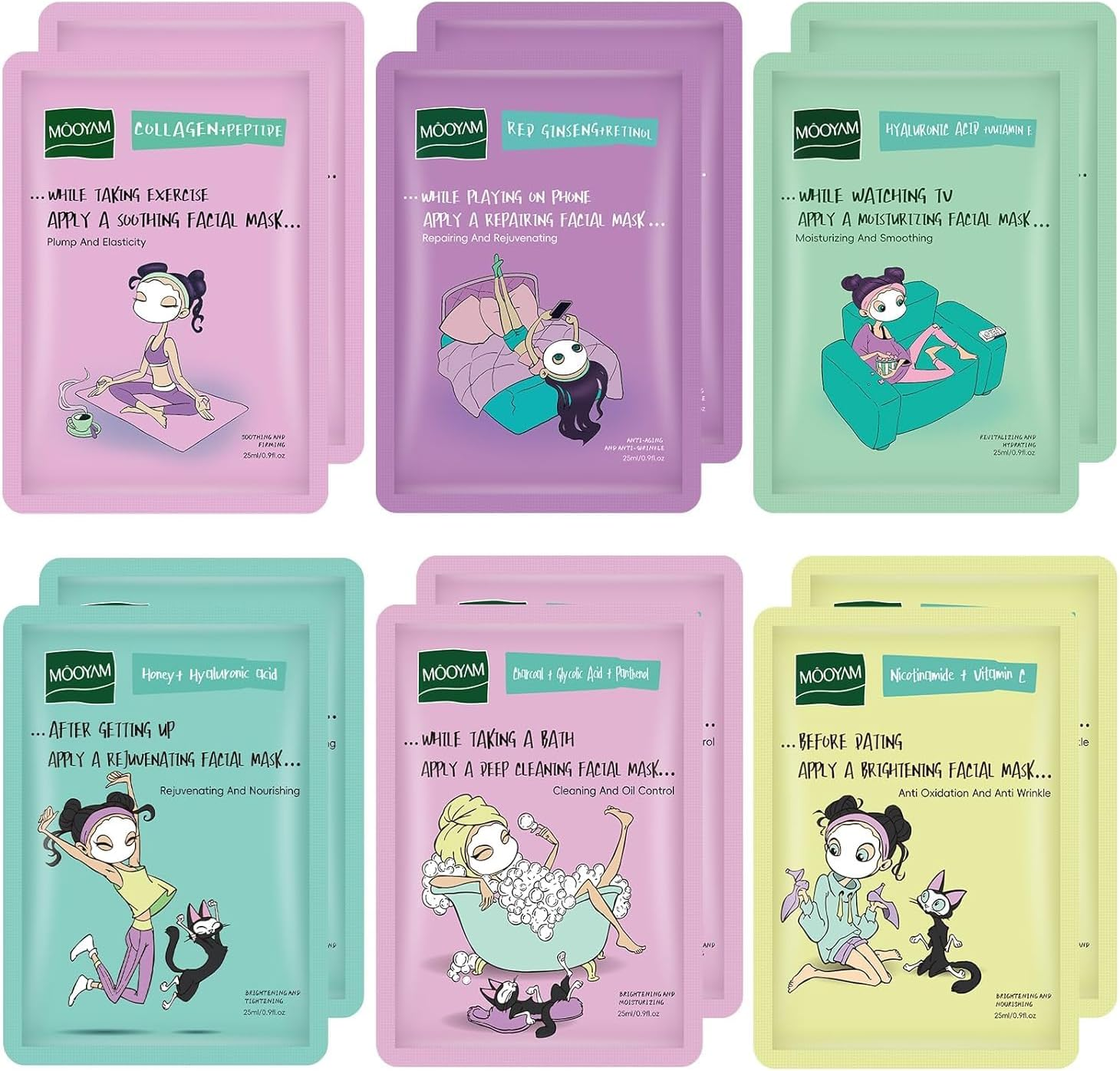 Face Masks Skincare Set for Girl,Moisturizing Collagen Facial Masks for Women Home Spa,Hyaluronic Acid Face Mask - Pore Minimizing,Elasticity Enhancing,Firming,Moisturizing,Oil Contral 25Ml (12 Pack)