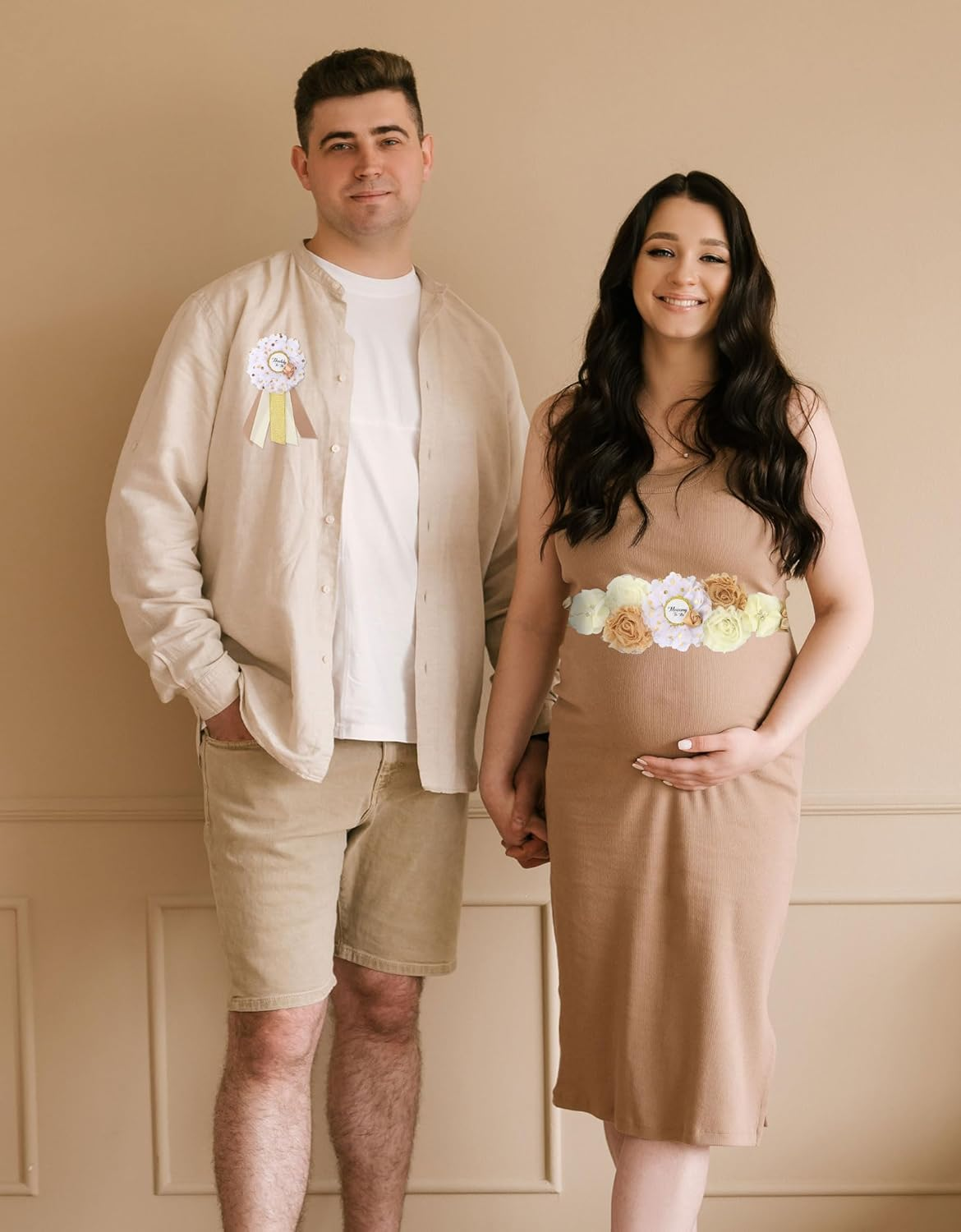 Rose Gold Maternity Sash Corsage Set &ndash; White and Champagne Floral Belly Band image number 1