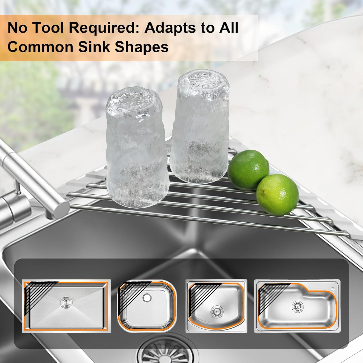 Foldable Stainless Steel Triangle Dish Drying Rack for Sink Corner, Grey Roll-Up Space Saver Drainer Mat with Sponge Holder - Multipurpose Kitchen Organizer image number 1