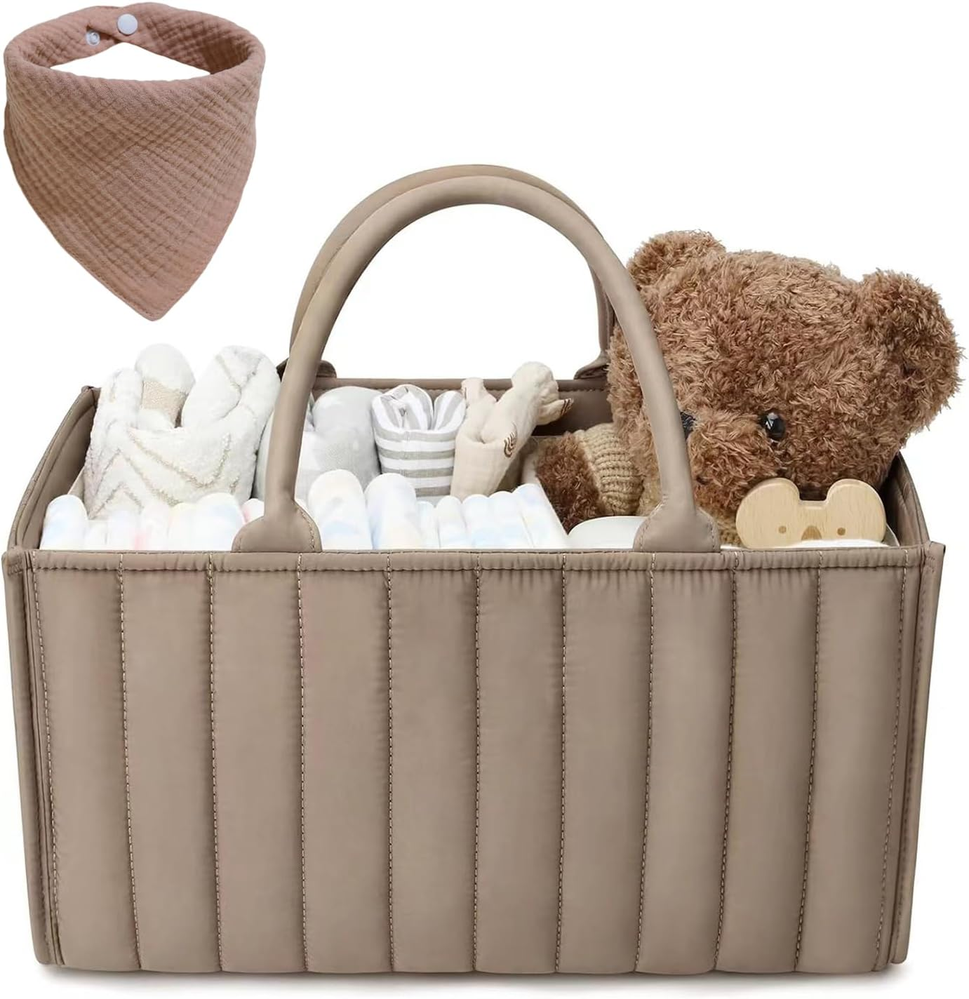 Diaper Caddy Organizer - Large Nappy Caddy Organizer for Baby Nursery, Car Storage Organizer, Baby Gift Basket, Changing Table Organizer, Portable Baby Caddy Organiser (Khaki, with Bib)