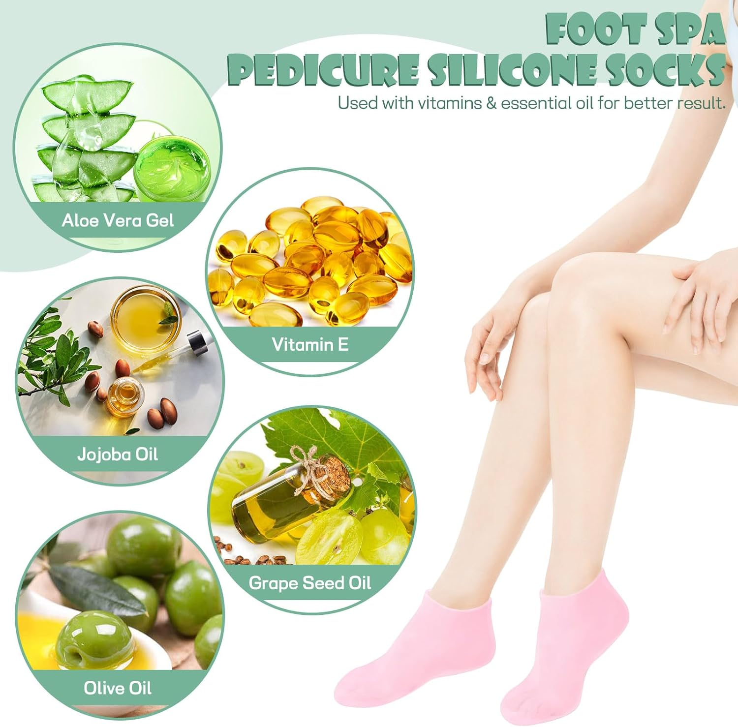 2 Pairs Silicone Socks, Moisturizing Socks for Dry Cracked Feet Women (Pink) image number 4