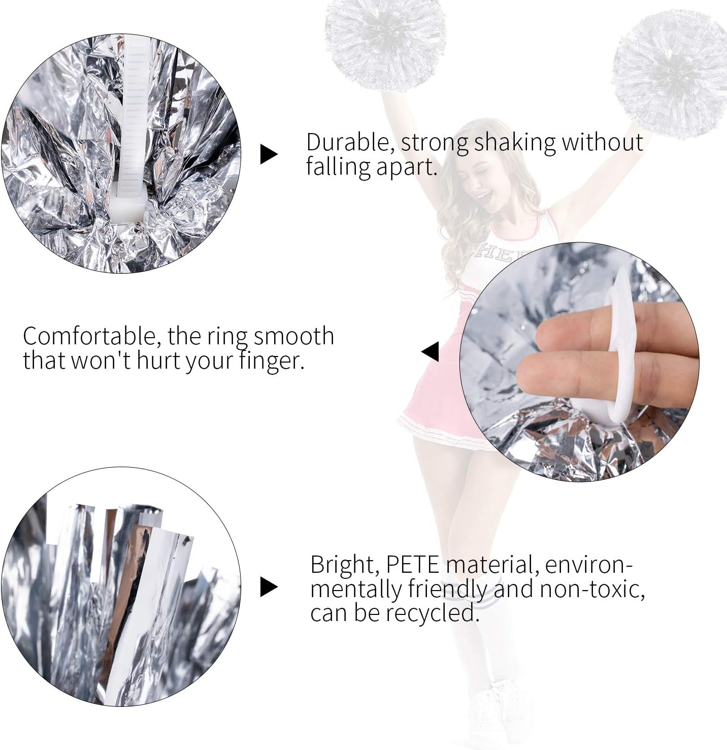 Pack of 4 Cheerleading Pom Poms Foil Plastic Metallic Cheerleader Pom Poms for Cheer Sport Kids Adults Team Spirit Cheering (Purple New) image number 4