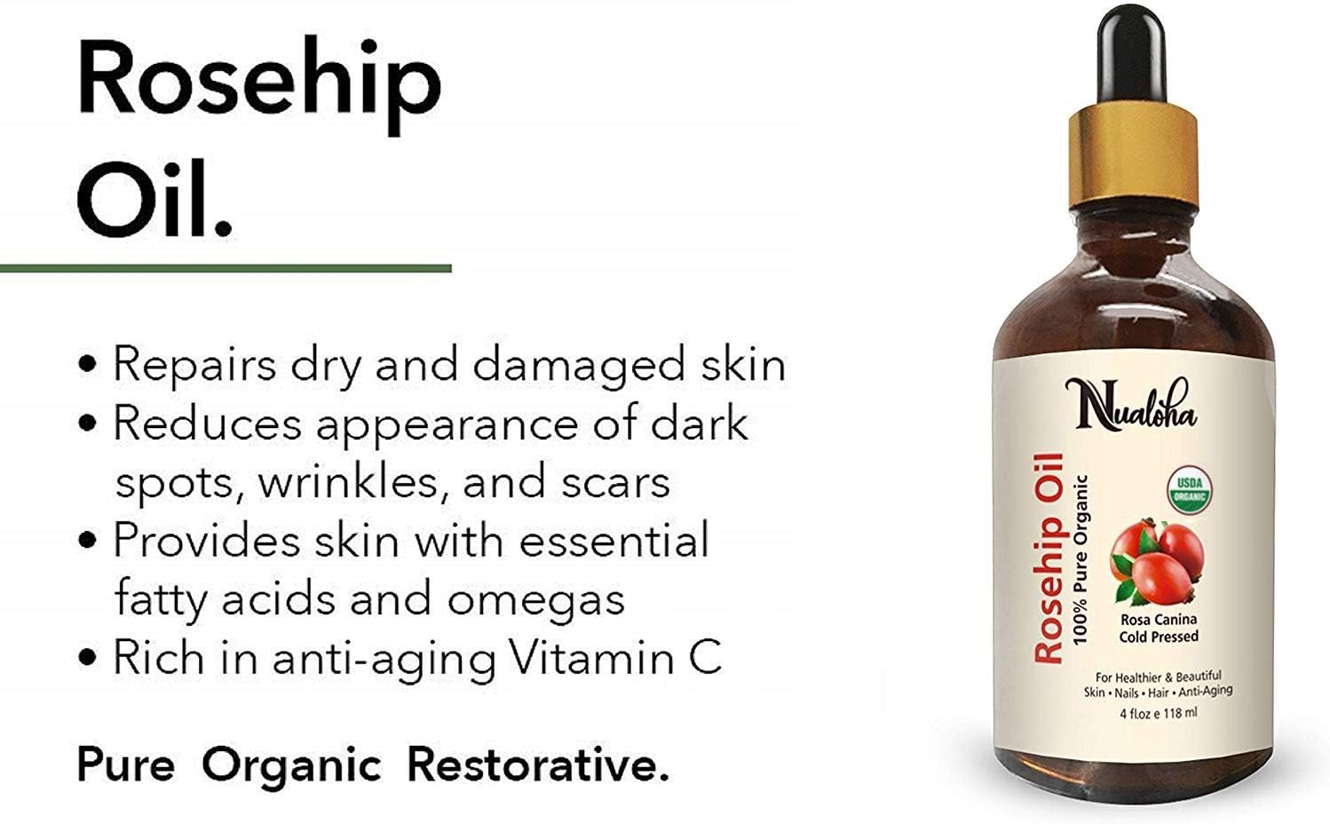 Nualoha Organic Rosehip Seed Oil, 118 ML, USDA 100% Pure Cold Pressed Natural Moisturizer Oil for Face Nails Hair Skin Women and Men image number 1