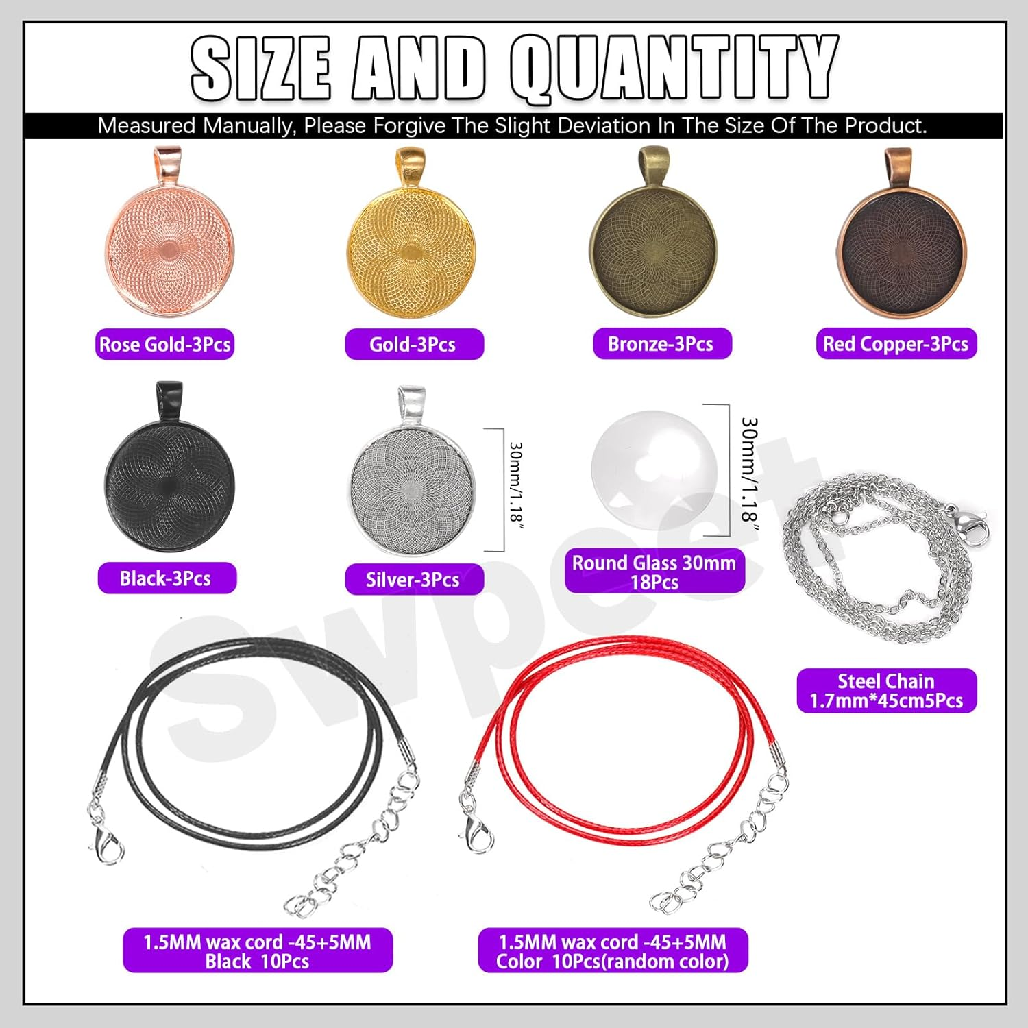 Swpeet 61Pcs 6 Colors round Pendant Trays Set for Jewelry Making, 30Mm round Bezel Pendant Trays, Clear Glass Cabochons, Chain and Waxed Necklace Cord for Photo Pendant