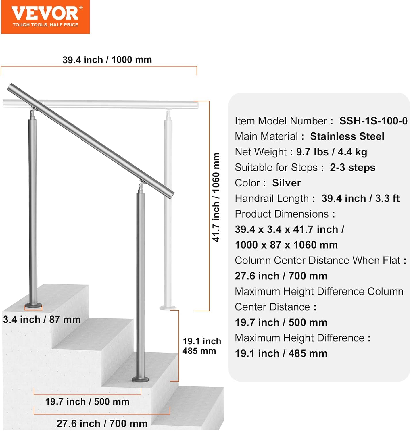 VEVOR Handrails for Outdoor Steps, 39.4In / 100Cm Length Stair Hand Rail Kit, Transitional Stainless Steel Railings with Installation Kit, Double-Column Staircase Handrails for Seniors,Porch & Deck