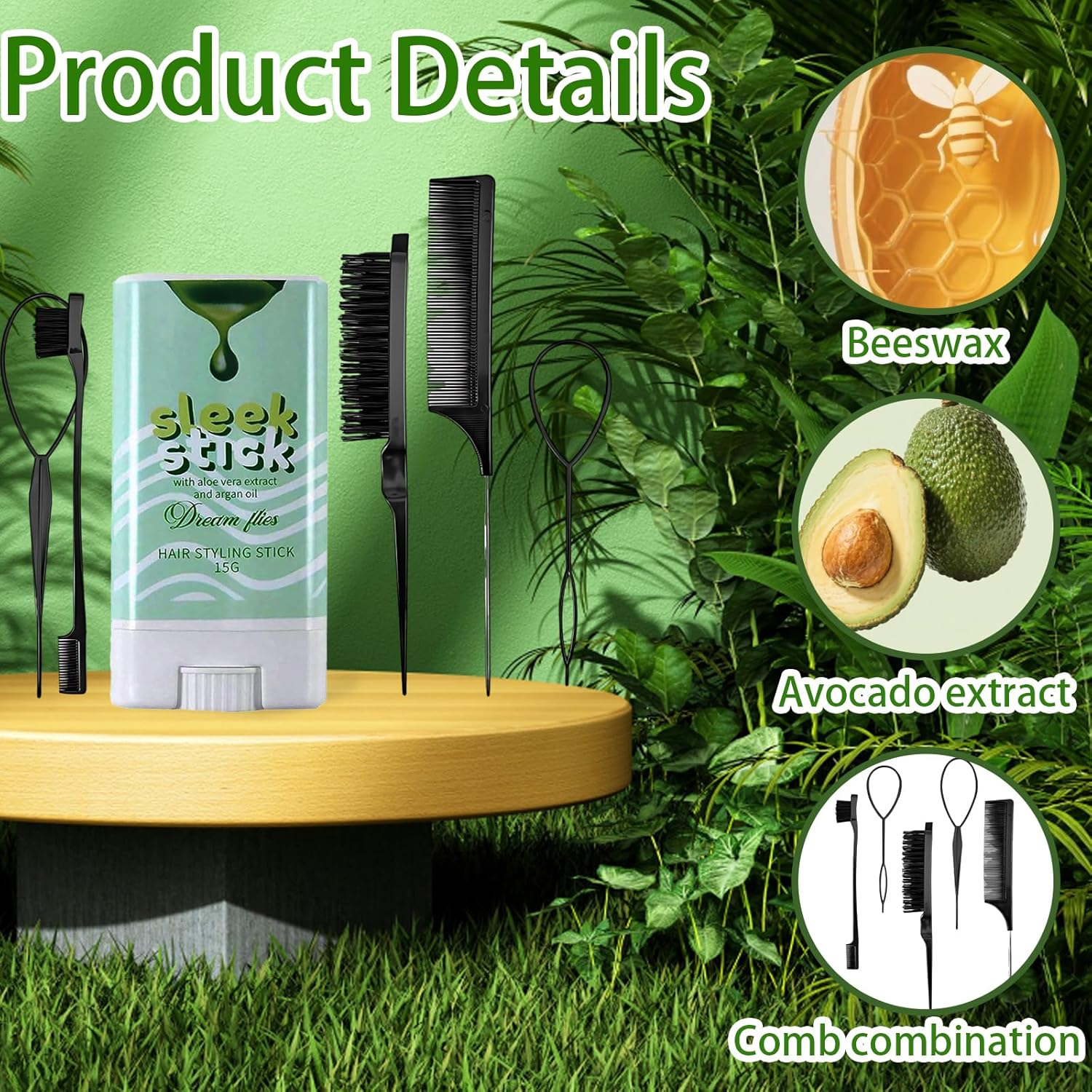 5PCS Slick Back Brush, Hair Wax Stick Set for Sleek Hairstyles, Black Hair Brush Kit with Aloe Vera Wax Sticks, Ideal for Flyaway Hair Control, Dance Performances and Hairstyling image number 2