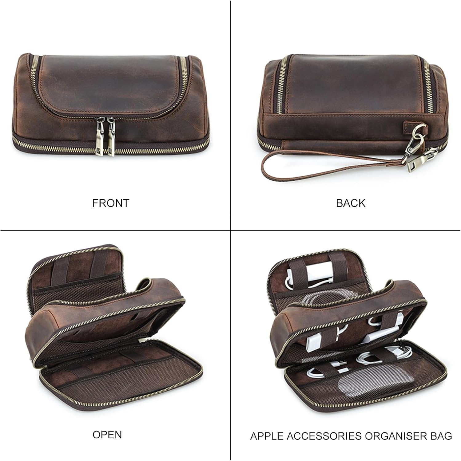 CONTACT'S FAMILY Electronic Organizer Zipper Bag Tech Pouch Handmade Crazy Horse Leather Portable Compact Electronics Travel Organiser Fits Laptop Tablet Cell Phone Accessories Coffee