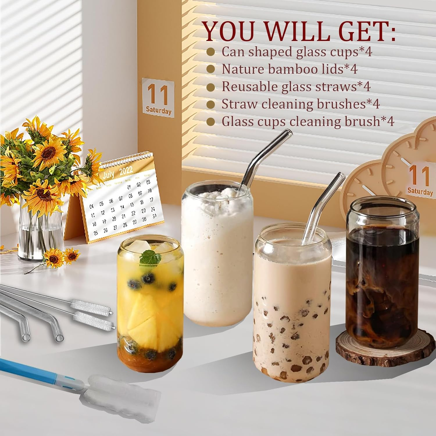 TFMOJHST 4Pcs Drinking Glasses with Bamboo Lids and Glass Straw-16 Oz Iced Coffee Glasses with Lids and Straws, Can Glass Cups Used for Beer/Milk/Soda Boba Etc.Include Can Glasses Cleaning Brushes image number 5