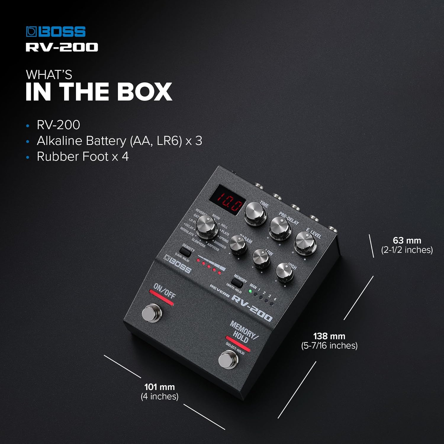 BOSS RV-200 Reverb | Premium Reverb Processing in a Streamlined BOSS 200 Series Effects Pedal Design for Guitar & Other Instruments | 12 Reverb Types Including Arpverb | 127 User Memories