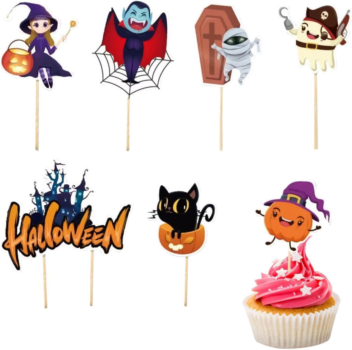 Halloween Dessert Toppers - 7X Cat Cake Decorations,Castle, Zombie, Ghost, Witch, Black Cat, Vampire, Pumpkin Fruit Food Cake Topper for Birthday image number 2