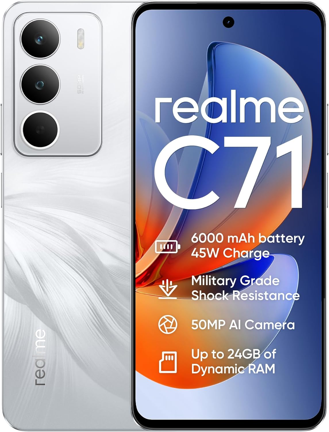 Realme C71 4G Smartphone, 6 + 128 GB, 6000 Mah Battery, 45 W Charge, Octa-Core Chipset, 50 MP AI Camera, 24 GB Dynamic RAM, 120 Hz Display, Grade Shock Resistance, Daily Water Resistance, White Swan