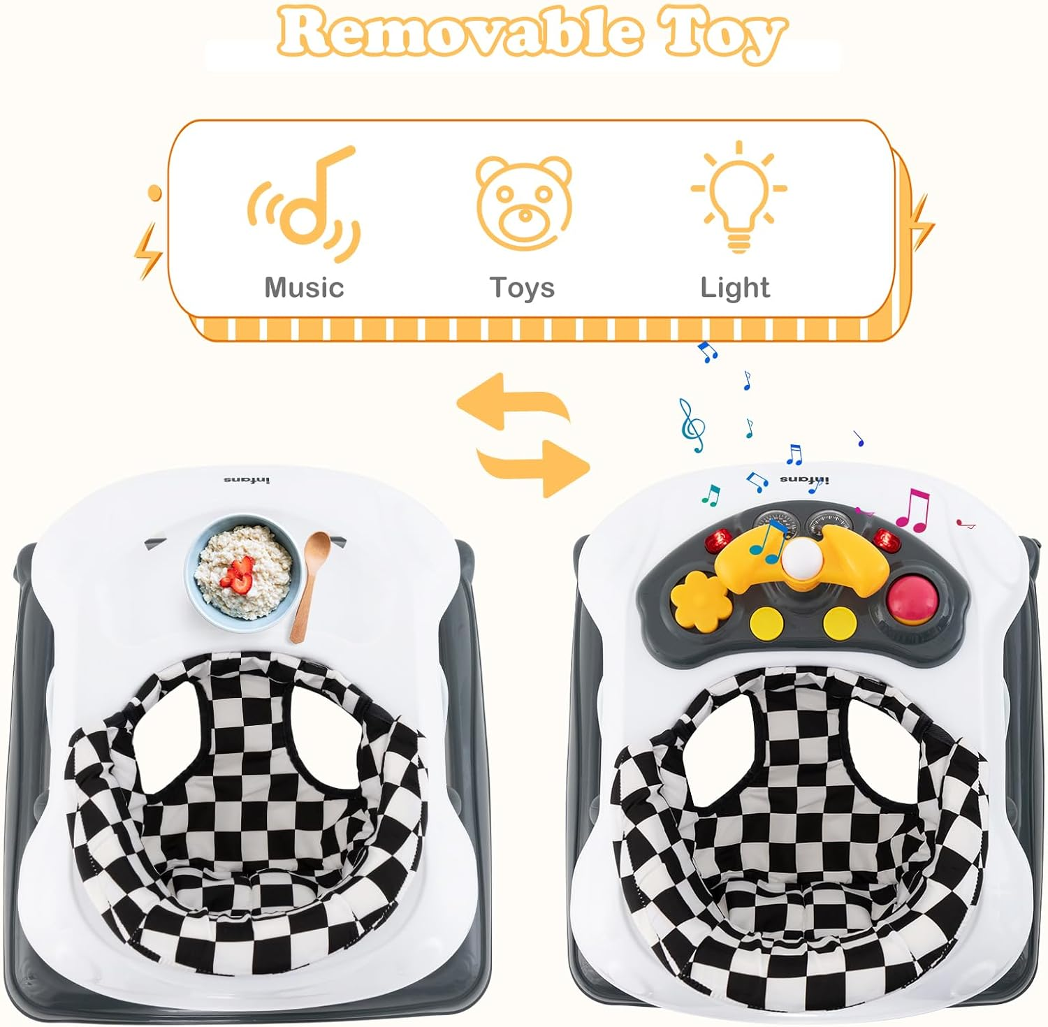 INFANS Foldable Baby Walker, 3 in 1 Toddler Walker Leaning-Seated Walk-Behind with Removable Music Tray, Adjustable Height, Washable Seat Cushion for Boys and Girls (Checkerboard)