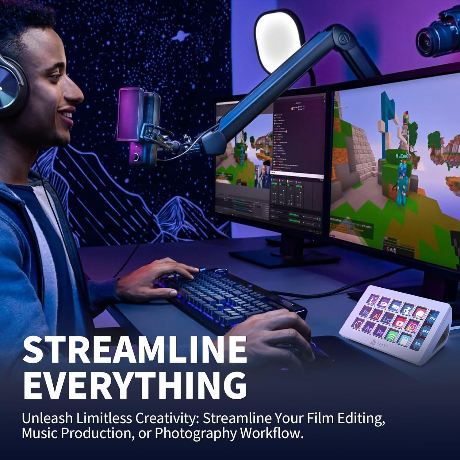 A.Jazz AKP153 Stream Studio Controller Keypad Type-C Wired with 15 Macro LCD Key&1 Side Screen Display Detachable Stand for Multi Action Triggered in Win MAC Twitter Tiktok Youtube OBS App(White)