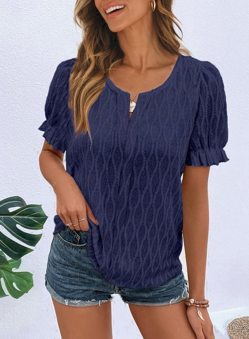 Women Summer Shirts Short Sleeve V Neck Tops Fashion Casual Blouses image number 2
