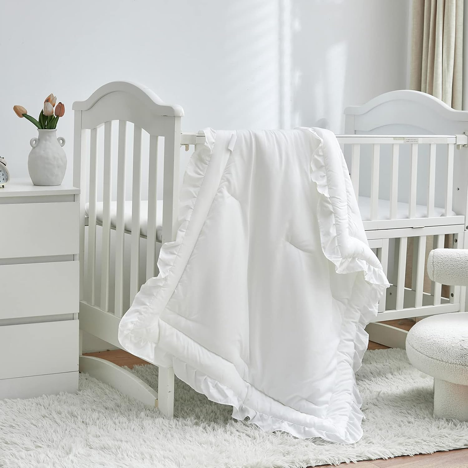 3 Pieces Crib Bedding Set Baby Ruffle Quilted Comforter with Fitted Sheet and Pillow - Cute Ruffled Shabby Chic Bedding Soft Blanket Design White image number 1