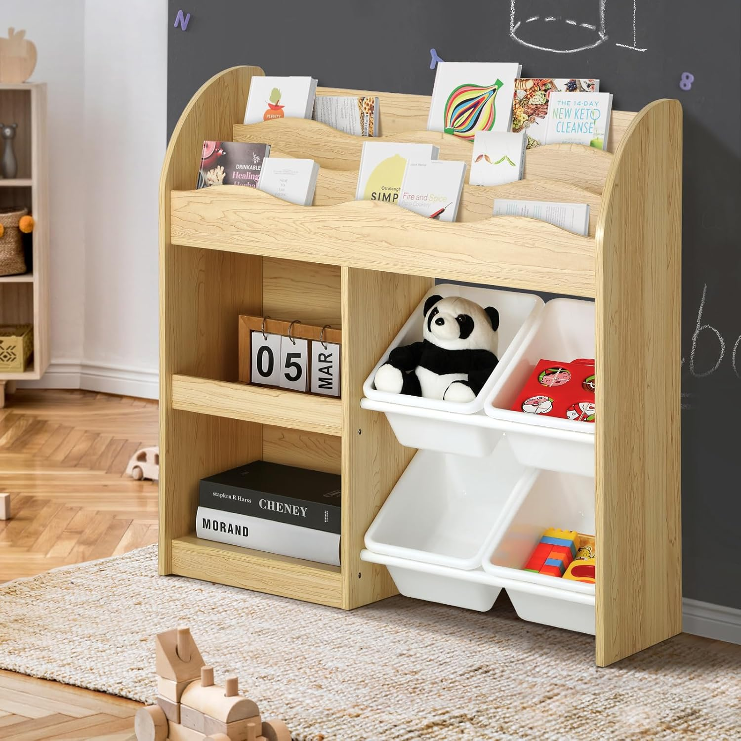 Oikiture Kids Storage Children Bookshelf Toy Storage Natural