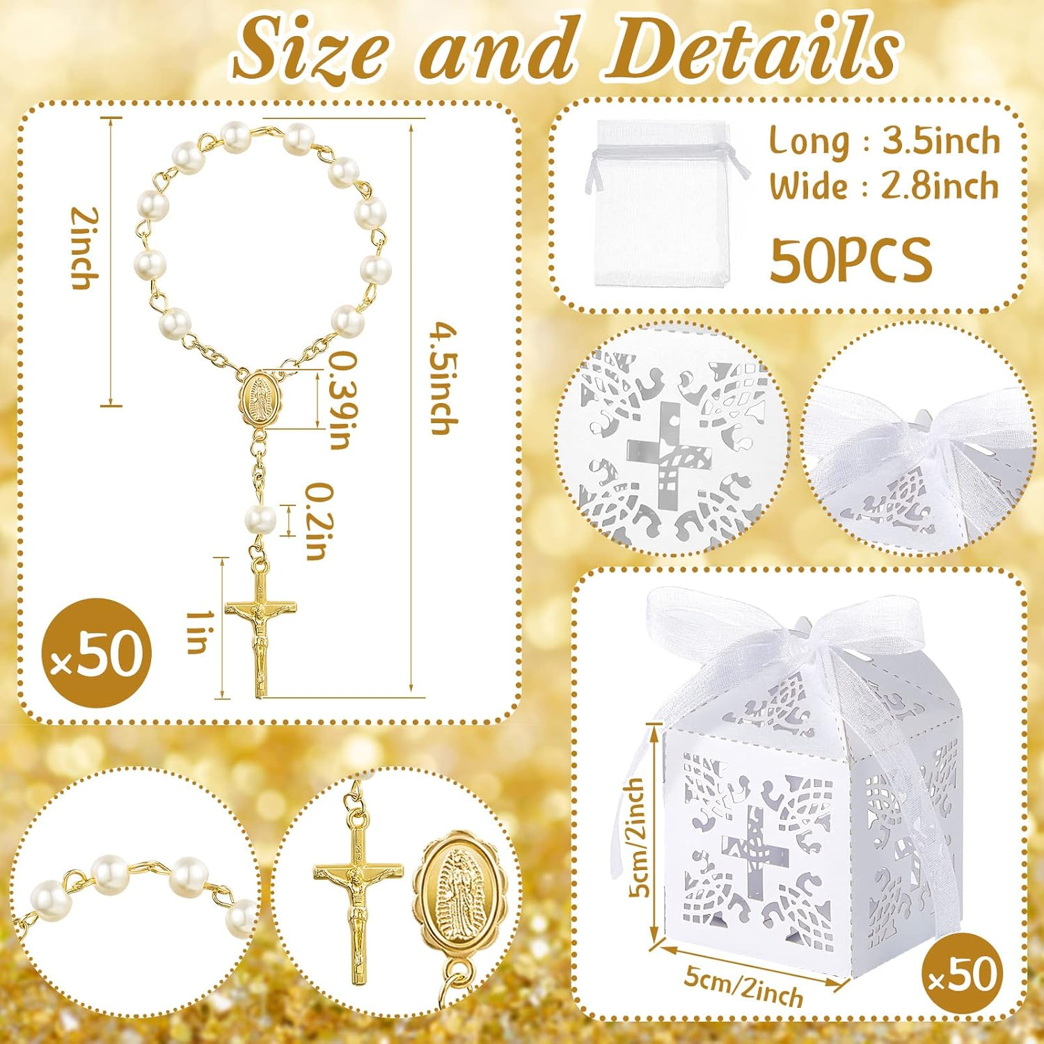 50 Packs Baptism Favors Set Acrylic Rosary Beads Faux Pearls with Organza Bags and Cross Baptism Favor Boxes Recuerdo De Boda Y Bautizo for Christening Weddings Party Favors(Gold Pearl Bracelet) - Silver image number 4
