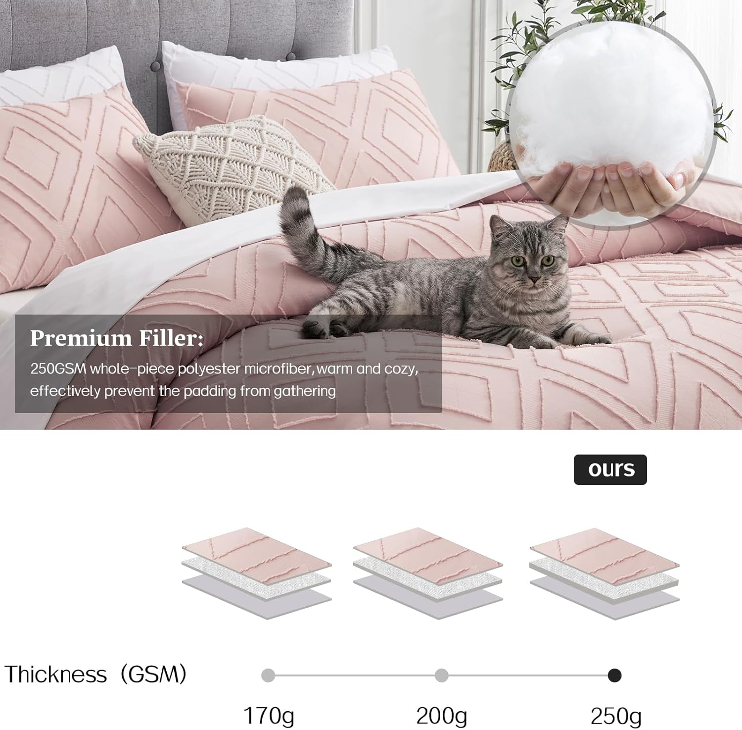 Boho Queen Comforter Set,Blush Pink Rhombus Tufted Queen Size Comforter Set with Corner Loops,3 Pieces Embroidery Shabby Chic Bedding Comforter Sets for All Seasons(Blush Pink,Queen) image number 5