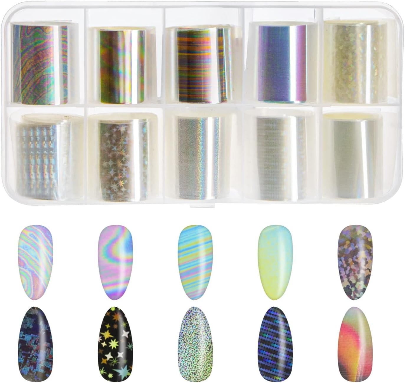 Emsea 10 Rolls White Pearl Color Holographic Nail Foil Transfer Sticker Roll Set Nail Art Transfer Glitter Stickers for Nail Art Decoration DIY Salon -Style-B image number 5