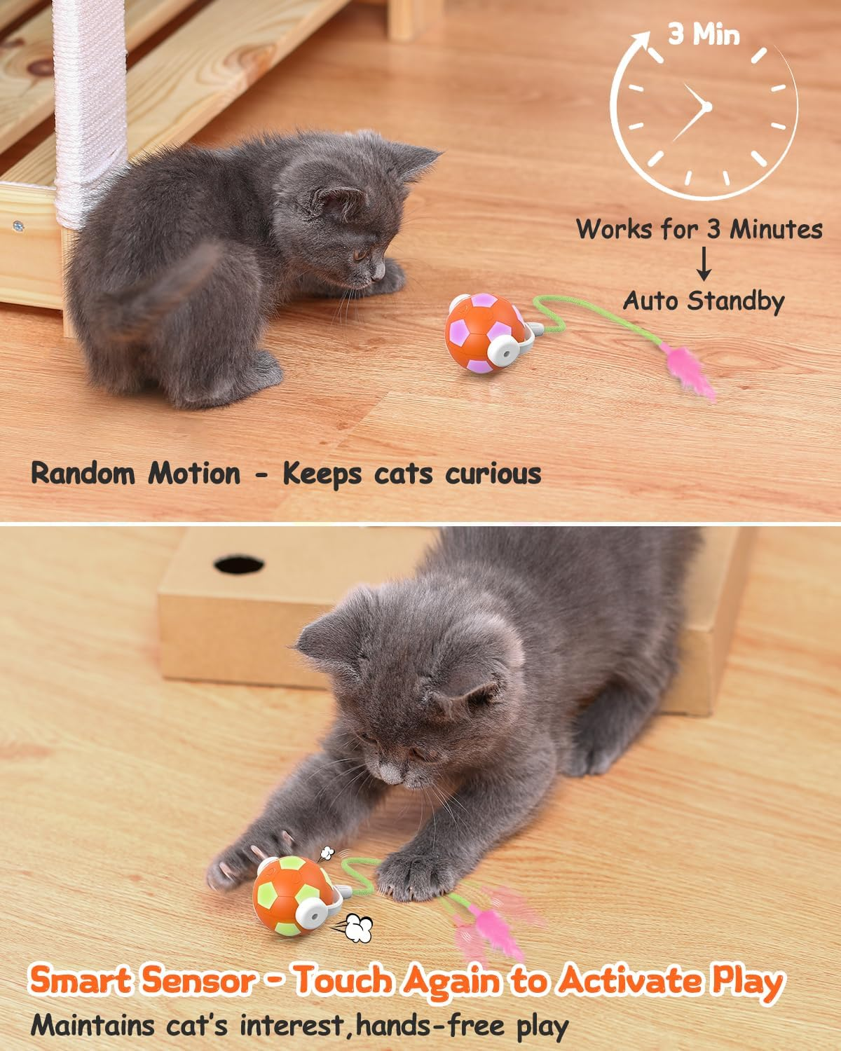 SCHITEC Interactive Cat Toys for Indoor Cats, Automatic Kitten Toy Balls for Bored Adult Pet, Kitty Smart Chase Rolling Ball with Feather Tail for Moving Games image number 6