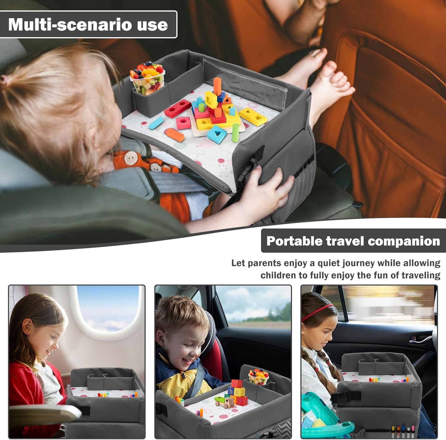 Kids Car Travel Tray for Car Seat, Adjustable Lap Desk with Storage Pocket for Toddlers Drawing, Eating, Fits Most Automotive Seats