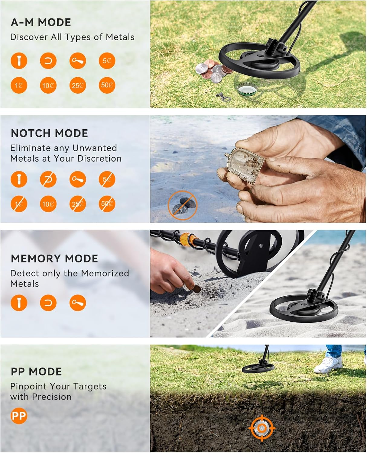 SUNPOW Metal Detector for Adults & Kids, Waterproof Metal Detector for Gold Detecting, Stable Anti-Interference, Big LCD Display, 4 Modes, IP68 Search Coil image number 4