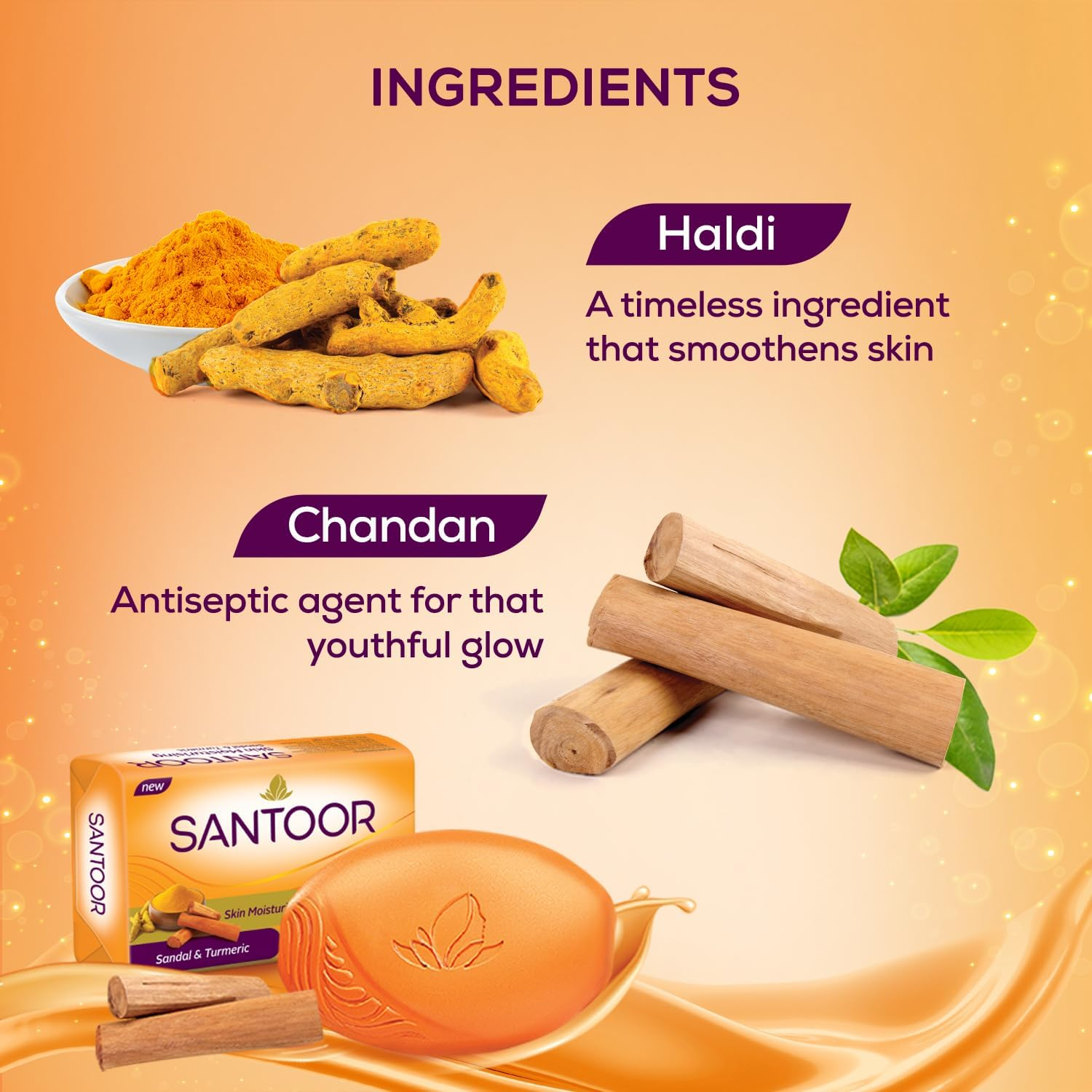 Santoor Sandalwood and Turmeric Bath Soap for Younger Looking and Glowing Skin, Combo Offer, 125 G (Pack of 8)