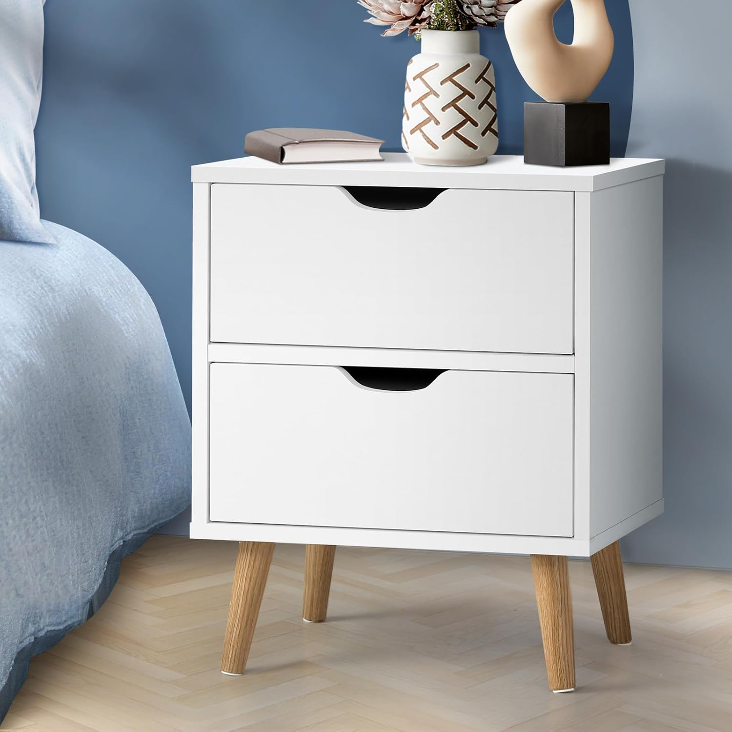 OIKITURE Wooden Nightstand with Handles, Bedside Table with 2 Drawers, Side Table Storage Cabinet for Bedroom Living Room Office, Home Furniture Organiser, White image number 2