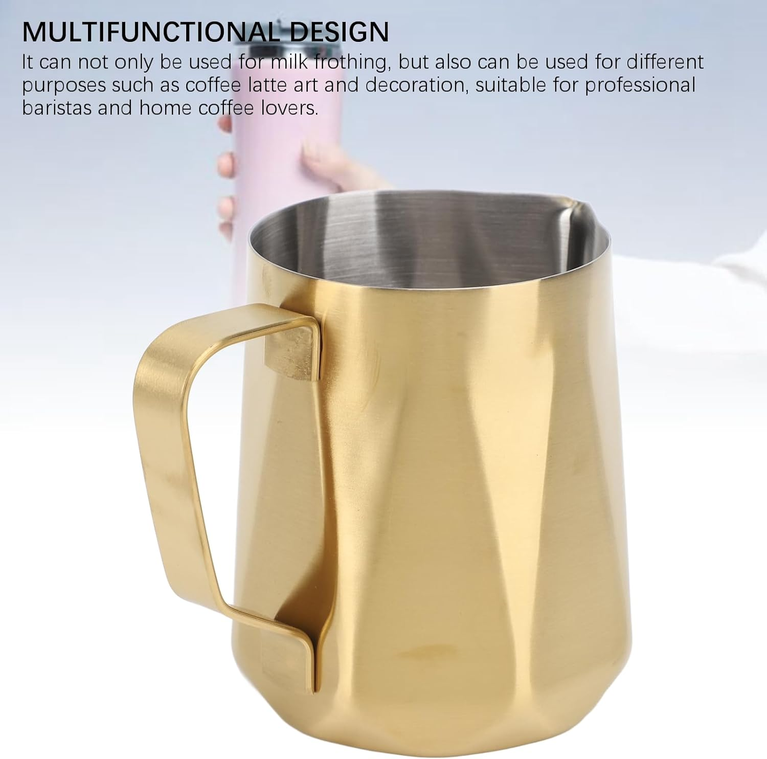 Milk Frothing Pitcher, Stainless Steel Long Handle Milk Frothing Jug, Stainless Steel Espresso Coffee Bar Accessories Tools for Making Coffee, Teapot, Milk Cup (350Ml Gold Plated) image number 1