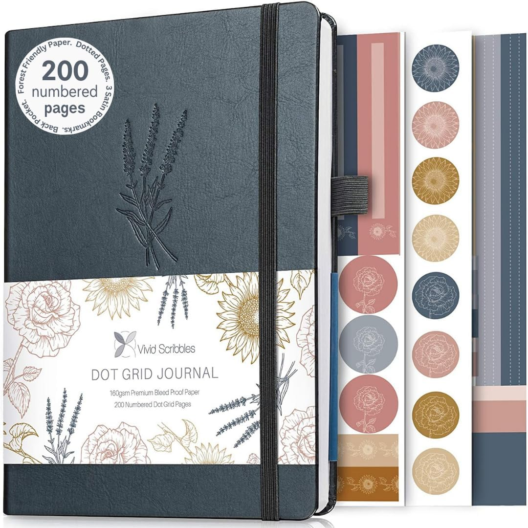 VIVID SCRIBBLES Dotted Journal &ndash; 160Gsm No Bleed Thick White Paper &ndash; 200 Numbered Dot Grid Pages &ndash; A5 Dotted Bullet Notebooks Includes a Gift Box and Journal Stickers