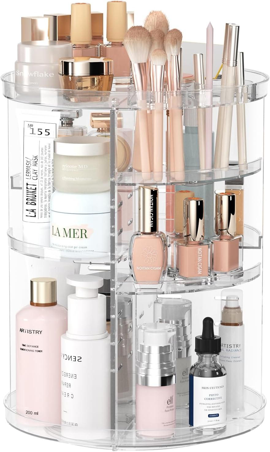 Rotating Makeup Organizer, DIY 8 Adjustable Layers Spinning Skincare Organizer, Cosmetic Display Case with Brush Holder Perfume Tray, Multi-Function Storage Carousel for Vanity Bathroom Countertop