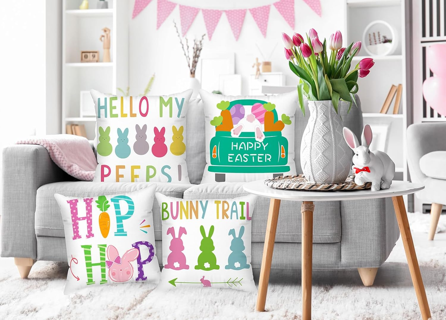 Minetom Easter Pillow Covers 18X18 Set of 4 Easter Decorations for Home Bunny Truck Hello Peeps Hip Hop Colorful Pillows Easter Decorative Throw Pillows Spring Easter Farmhouse Decor image number 2