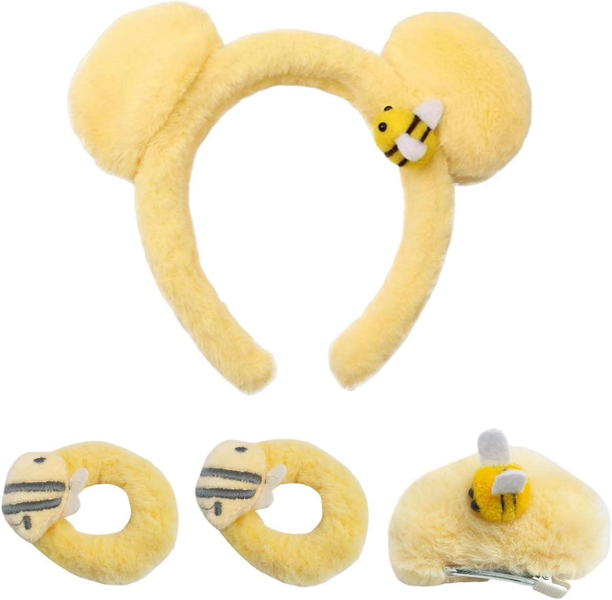 1 Headband, 1 Hairpin and 2 Hair Rings, Bee Theme Accessories, Cute Plush Hair Accessories, Clothing Accessories. image number 1
